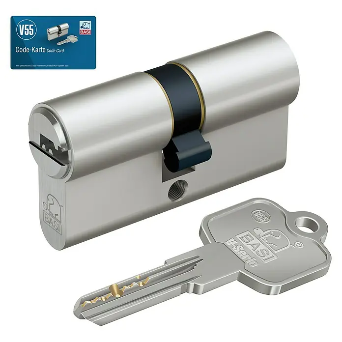 Basi Profilzylinder V55Baulänge innen: 30 mm, Baulänge außen: 45 mm, Material Zylinder: Messing, Bohrmuldenschlüssel - Das BASI V55 Doppelzylinder-Schloss mit Schlüssel und Code-Karte, ein hochwertiges Sicherheitsprodukt für zuverlässigen Schutz.