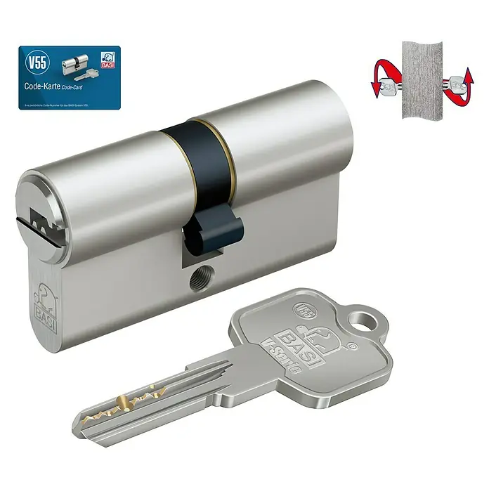 Basi Profilzylinder V55 mit N+GBaulänge innen: 30 mm, Baulänge außen: 55 mm, Material Zylinder: Messing, Bohrmuldenschlüssel, Mit Not- & Gefahrenfunktion
