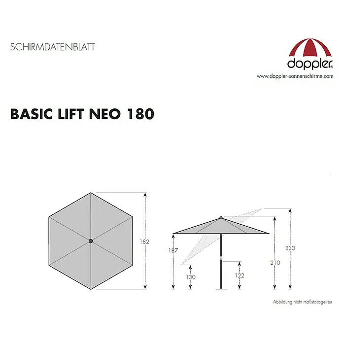 Derby Basic Lift Marktschirm rund Neo - Natur, Durchmesser Bespannung: 180 cm - Produktdatenblatt für den BASIC LIFT NEO 180 Sonnenschirm von Doppler mit Maßangaben und Abmessungen.
