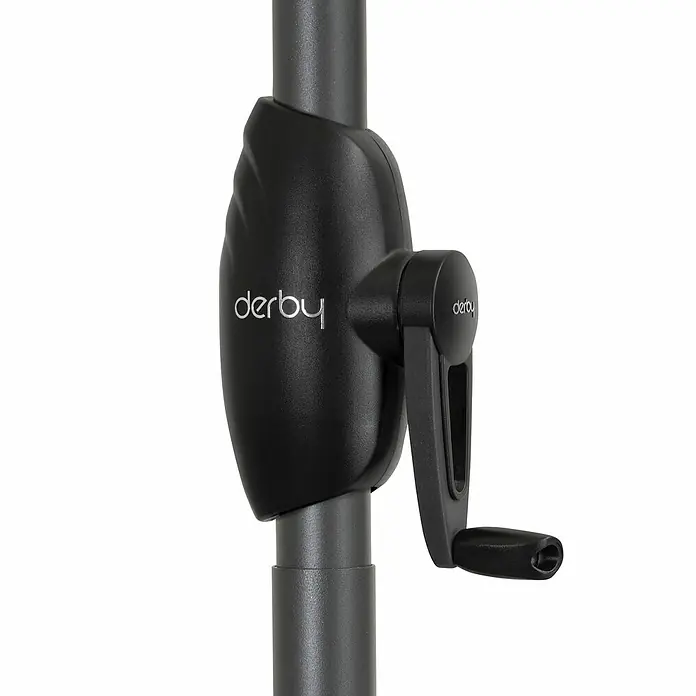 Derby Basic Lift Marktschirm rund Neo - Natur, Durchmesser Bespannung: 180 cm - Nahaufnahme des Derby-Kurbelmechanismus, der die einfache Bedienung und das elegante Design dieses Produkts hervorhebt.