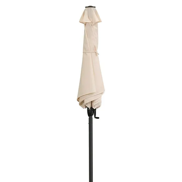 Derby Basic Lift Marktschirm rund Neo - Natur, Durchmesser Bespannung: 180 cm - Geschlossener cremefarbener Sonnenschirm mit dunklem Ständer für den Außenbereich.