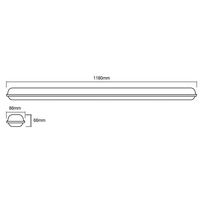 Osram Feuchtraumleuchte Submarine - Länge: 120 cm, Lichtfarbe: Neutralweiß, 36 W, IP65 - Abbildung einer LED-Langfeldleuchte mit den Maßen 1180mm Länge, 86mm Breite und 66mm Höhe, ideal für Büros und Gewerberäume.