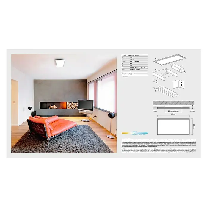 Ledvance LED-Panel Planon Plus - 22 W, 60 x 30 cm, Weiß, Kaltweiß - Das Bild zeigt eine LEDVANCE PLANON PLUS SQ300 15W 840 Deckenleuchte, mit technischen Details und Montageanleitung.