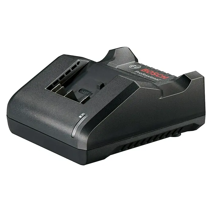 Bosch Professional AMPShare 18V Akku-Schlagbohrschrauber GSB 18V-28 - 18 V, 2 Akkus, 2 Ah - 4 Ah, 63 Nm, Inkl. Zubehörkoffer - Nahaufnahme eines Bosch Professional Akku-Ladegeräts, das auf einem schwarzen Hintergrund steht und ein schlankes, modernes Design zeigt.