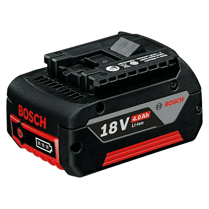 Bosch Professional AMPShare 18V Akku-Schlagbohrschrauber GSB 18V-28 - 18 V, 2 Akkus, 2 Ah - 4 Ah, 63 Nm, Inkl. Zubehörkoffer - Ein Bosch 18V 4.0Ah Li-Ion Akku mit rotem Akzent und Batteriestandsanzeige.