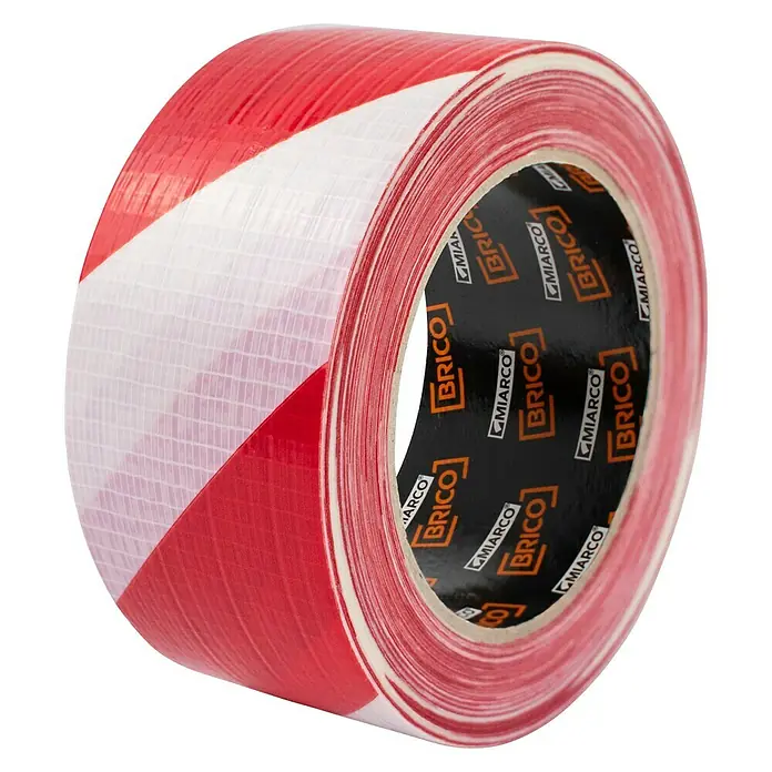 Cinta de señalización rugosa - L x An: 33 m x 5 cm, Rojo/Blanco - Primer plano de un rollo de cinta de peligro a rayas rojas y blancas de Brico + Miarco, ideal para delimitar áreas y seguridad.