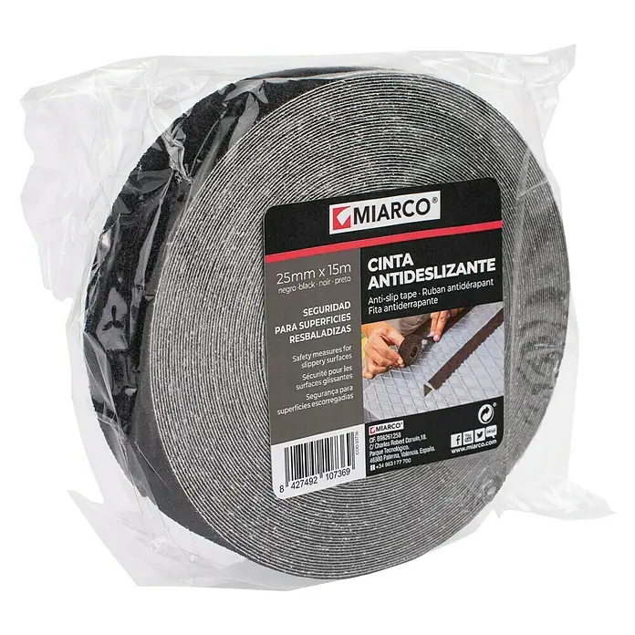 Cinta antideslizante - L x An: 15 m x 2,5 cm, Negro - Cinta antideslizante MIARCO, 25mm x 15m, negra, proporcionando una superficie segura y antideslizante para la seguridad en diversas aplicaciones interiores y exteriores.