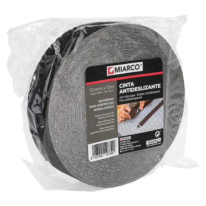 Cinta antideslizante - L x An: 15 m x 5 cm, Negro - Imagen de un rollo de cinta antideslizante Miarco, de 50 mm x 15 m, de color negro y empaquetado. Ideal para la seguridad.
