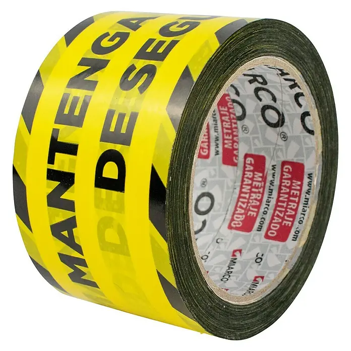 Cinta de señalización impresa - L x An: 66 m x 7,2 cm, Mantener distancia, Amarillo/Negro - Cinta de peligro amarilla y negra MIARCO con el texto "MANTENGASE SEGURO", ideal para marcar zonas peligrosas y mejorar la seguridad.