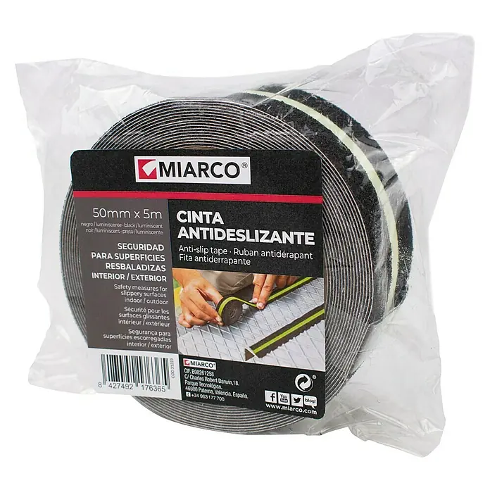 Cinta antideslizante - L x An: 5 m x 5,2 cm, Negro, Fotoluminiscente - Cinta antideslizante Miarco, 50mm x 5m, negro/luminiscente, seguridad para superficies resbaladizas, interior/exterior.