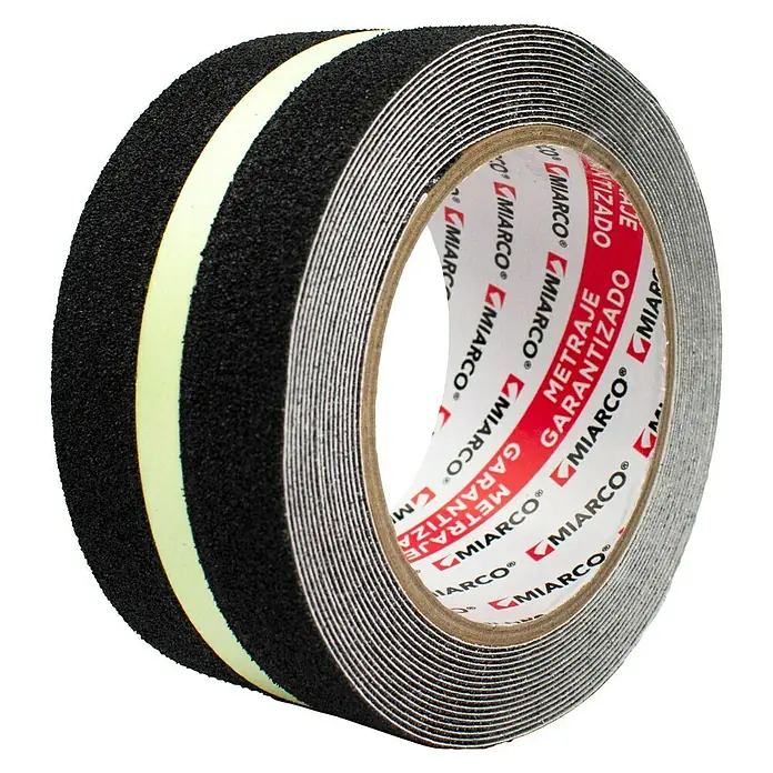 Cinta antideslizante - L x An: 5 m x 5,2 cm, Negro, Fotoluminiscente - Un rollo de cinta adhesiva antideslizante con una franja amarilla en el centro.