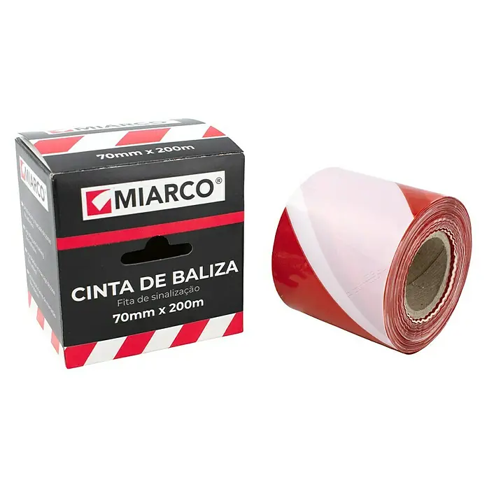 Cinta de señalización - L x An: 200 m x 70 mm, Rojo/Blanco, Espesor: 20 µm - Cinta de barrera Miarco roja y blanca en embalaje y en rollo, ideal para seguridad en obras.