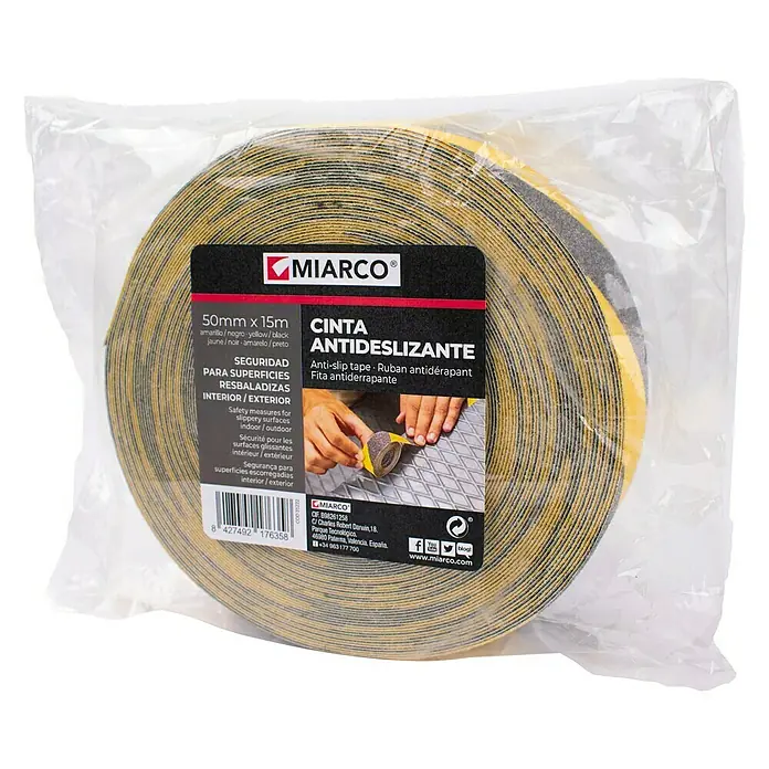 Cinta antideslizante - L x An: 15 m x 5 cm, Amarillo/Negro - Rollo de cinta antideslizante negra y amarilla de MIARCO, ideal para aumentar la seguridad en superficies resbaladizas.