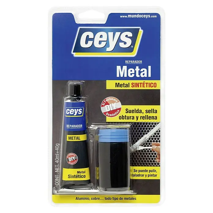 Ceys Adhesivo bicomponente Metal - Gris, 40 g - Kit de reparación de metal Ceys en blíster, que incluye tubo y recipiente para reparaciones metálicas.