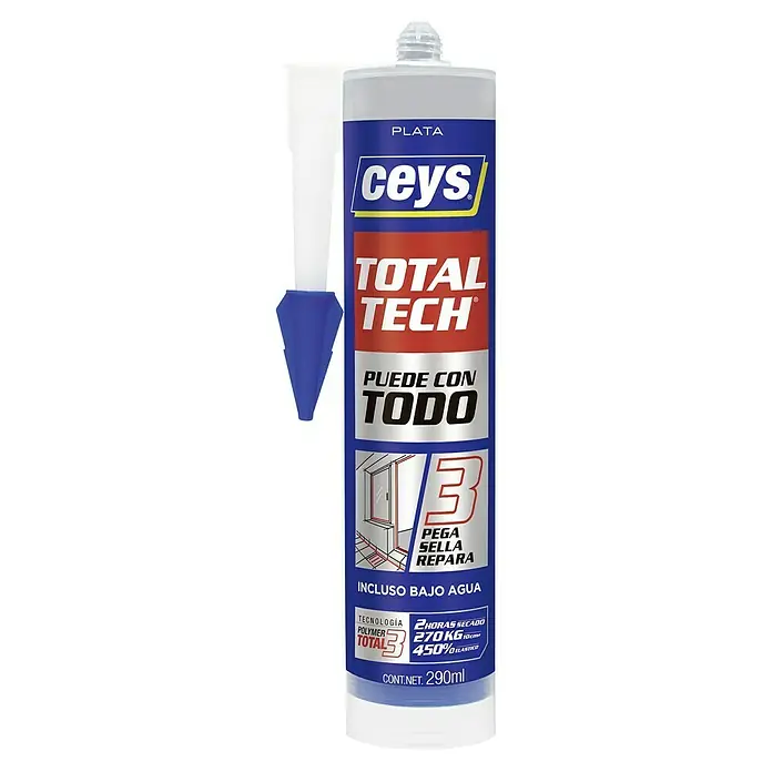 Ceys Adhesivo y sellador Total-Tech - Plata, 290 ml - Tubo de adhesivo plateado Ceys Total Tech, ideal para pegar, sellar y reparar. Fuerte, versátil e incluso usable bajo el agua.