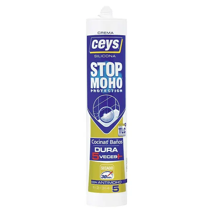 Ceys Silicona para sanitarios y cocinas - Crema, 280 ml - Imagen del sellador de silicona Ceys Stop Moho, perfecto para cocinas y baños, previene el moho y dura cinco veces más.