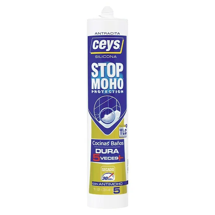 Ceys Silicona para sanitarios y cocinas - Antracita, 280 ml - Imagen del producto "Ceys Stop Moho" silicona selladora, color antracita, con protección antimoho para cocinas y baños, de secado rápido.
