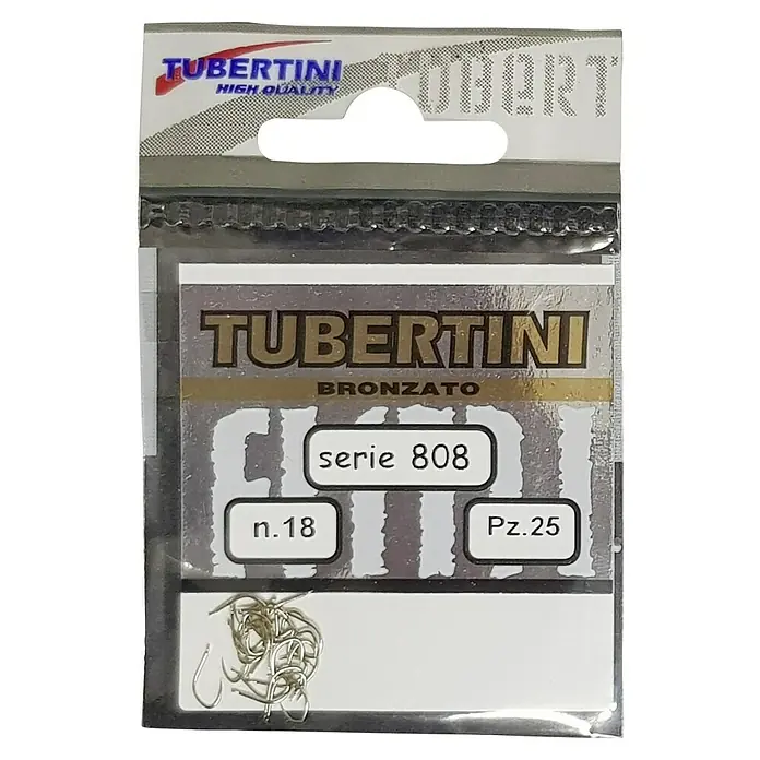 Tubertini Anzuelo de pesca Serie 808 - Pez objetivo: Carpa, Tamaño gancho jig: 18 mm, 25 ud. - Anzuelos de pesca Tubertini Serie 808 bronzati, talla 18, 25 unidades, en paquete transparente.