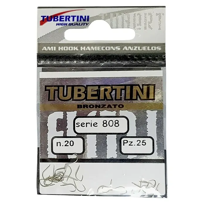 Tubertini Anzuelo de pesca Serie 808 - Pez objetivo: Carpa, Tamaño gancho jig: 20 mm, 25 ud. - Anzuelos de pesca Tubertini, Bronzato Serie 808, tamaño 20, 25 unidades por paquete para el pescador exigente.