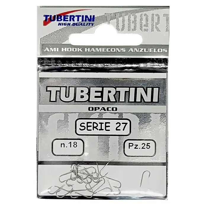 Tubertini Anzuelo de pesca Serie 27 - Tamaño gancho jig: 18 mm, 25 ud. - Anzuelos de pesca Tubertini Serie 27, tamaño 18, paquete de 25. Anzuelos de alta calidad, fiables para pescadores, ideales para diversas especies de peces.