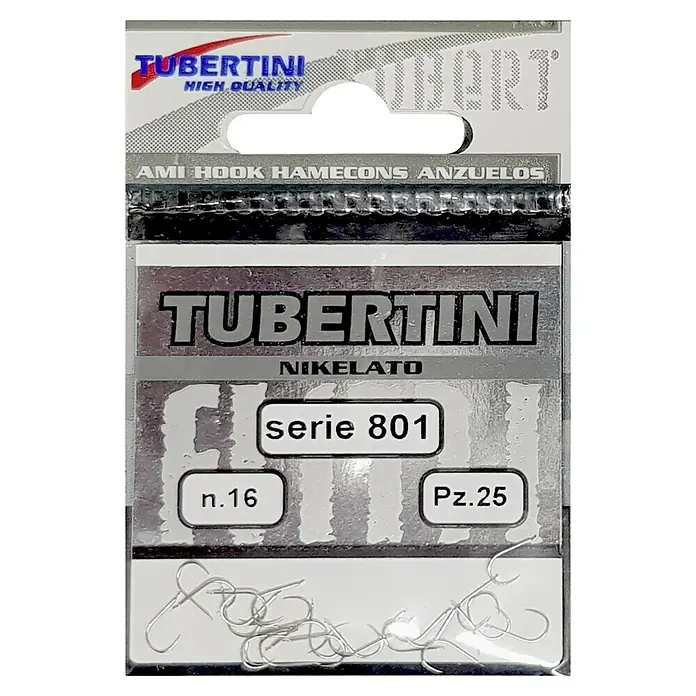 Tubertini Anzuelo de pesca Serie 801 - Pez objetivo: Carpa, Tamaño gancho jig: 16 mm, 25 ud. - Anzuelos de pesca Tubertini Serie 801, tamaño 16, 25 unidades, niquelados. Ganchos de alta calidad para pescadores, ideales para varias técnicas.