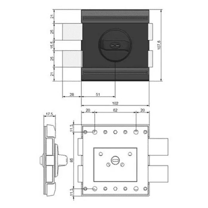 MCM Cerradura con cerrojo 5100 - An x Al: 102 x 108 mm, Puerta principal, Grafito/Latón - La imagen muestra un rectángulo negro sin detalles, destacando la oscuridad o la ausencia de luz en su forma.