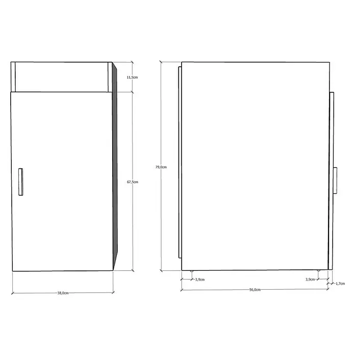 Artysan Mueble de lavabo Henares en kit - L x An x Al: 56 x 38 x 79 cm, Blanco - Ilustración de un refrigerador con indicaciones de dimensiones detalladas, mostrando la altura y el ancho del electrodoméstico.