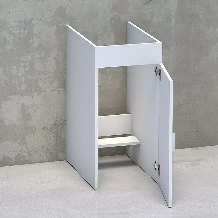 Artysan Mueble de lavabo Henares en kit - L x An x Al: 56 x 38 x 79 cm, Blanco - Imagen de una torre infantil blanca y moderna con una puerta abierta, situada en un suelo claro frente a una pared gris.