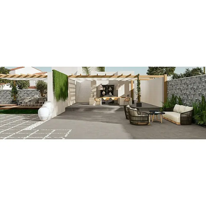 Terrassenfliese Garden Grey - 60 x 60 x 2 cm, Grau, Matt - Moderne Terrassengestaltung mit stilvollen Loungemöbeln und ansprechendem Bodenbelag für einladende Atmosphäre im Freien.