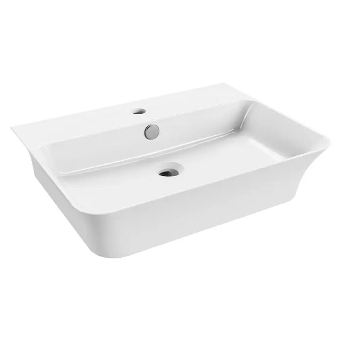 Camargue Rio Waschtisch 3.0 - 55,5 x 41 cm, Ohne Spezialglasur, Hahnloch: Mitte, Mit Überlauf, Weiß - Eine Nahaufnahme eines rechteckigen, weißen Aufsatzwaschbeckens mit Überlauf und Hahnloch, das ein modernes und sauberes Design aufweist.