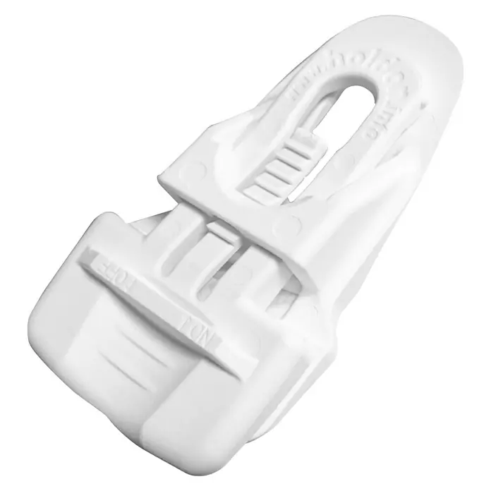 Clips Holdon Midi - 4 Stk., Weiß - Nahaufnahme eines weißen Kabelschuh-Verbindungsstücks mit "ON" und "OFF" Markierungen, ideal für Elektroinstallationen.
