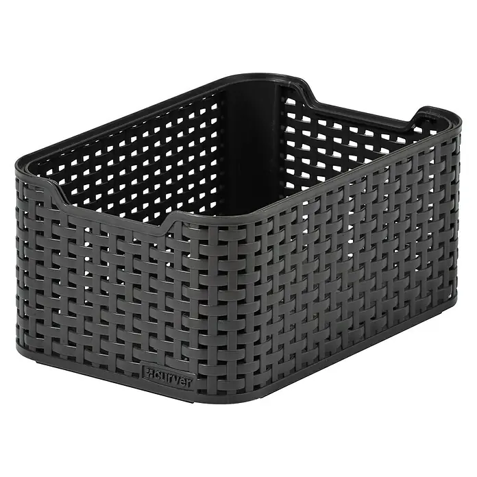 Curver Style Cesta para la ropa - L x An x Al: 28 cm x 19 cm x 13 mm, Marrón - Una cesta de almacenamiento negra CURVER con un diseño de mimbre, ideal para la organización del hogar.