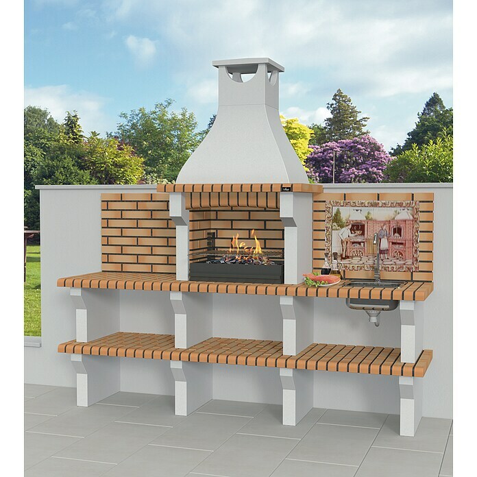 Barbacoa con chimenea SIlves con mesa lateral y fregadero (Superficie parrilla: 60 x 38 cm, Hormigón)