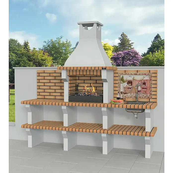 Collippo Silves Barbacoa de obra con mesa lateral y fregadero - An x Pr x Al: 229 x 58 x 234 cm, Superficie parrilla: 60 x 38 cm, Hormigón - Esta barbacoa de ladrillo con fregadero y estanterías ofrece una solución ideal para tu espacio exterior. Práctica y elegante a la vez.