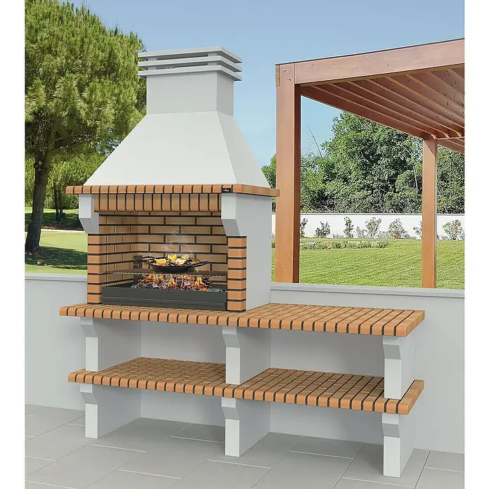 Collippo Viana Barbacoa de obra con mesa lateral - An x Pr x Al: 210 x 80 x 255 cm, Superficie parrilla: 86 x 50 cm, Arcilla refractaria - Cocina exterior con parrilla y estantes. La cocina exterior está hecha de ladrillo y hormigón. Asar al aire libre con estilo.