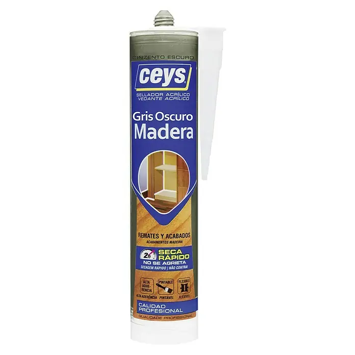 Ceys Sellador acrílico para madera - 280 ml, Gris oscuro - Imagen del producto de un tubo de sellador acrílico para madera gris oscuro de Ceys, ideal para reparaciones y acabados de madera.