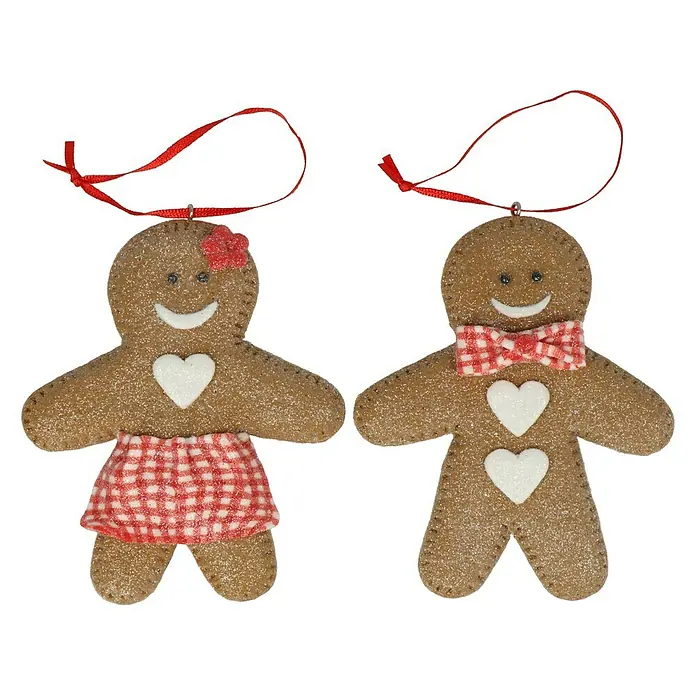 Kurt S. Adler Christbaumschmuck Lebkuchenfau - Braun, Kunststoff, 1 Stk., 10,16 x 7 x 2,5 cm, Lebkuchenfigur - Zwei Lebkuchenmann-Ornamente, ein Mädchen mit Kleid und ein Junge mit Fliege, beide mit roten Bändern zum Aufhängen.