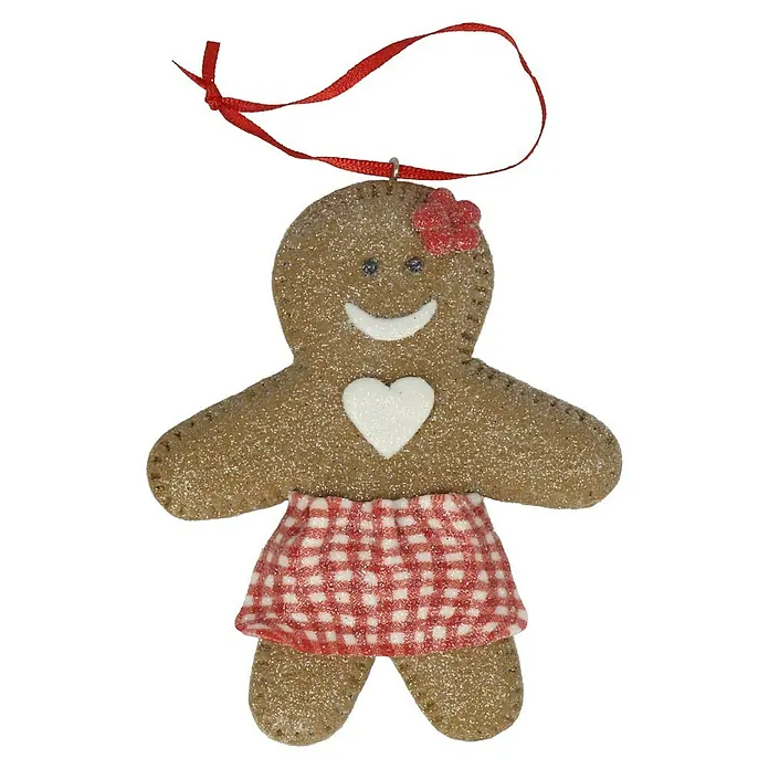 Kurt S. Adler Christbaumschmuck Lebkuchenfau - Braun, Kunststoff, 1 Stk., 10,16 x 7 x 2,5 cm, Lebkuchenfigur - Lebkuchenfrau-Ornament mit roter Schleife, Herz und rot-weiß kariertem Rock, eine festliche Dekoration für Weihnachtsbaum oder Fenster.