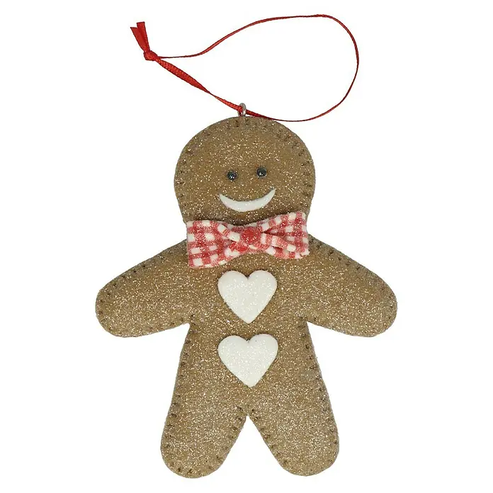 Kurt S. Adler Christbaumschmuck Lebkuchenfau - Braun, Kunststoff, 1 Stk., 10,16 x 7 x 2,5 cm, Lebkuchenfigur - Detailaufnahme eines Lebkuchenmann-Ornaments mit roter Schleife und Herzapplikationen, perfekt für festliche Dekorationen.