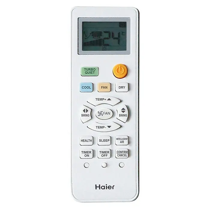 Haier Aire acondicionado Inverter 2x1 Tide-R - 3.400 W, 2.800 W, 20 m², Blanco - Primer plano de un mando a distancia blanco de aire acondicionado Haier con varias funciones y pantalla digital.