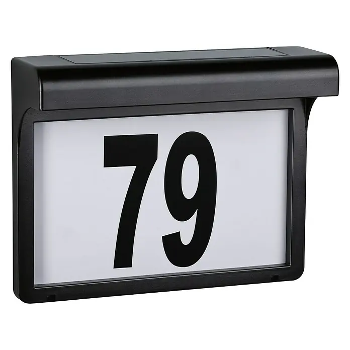 Paulmann Solar-Hausnummer Dayton II - Schwarz, Warmweiß - Ein schwarzes Hausnummernschild mit der gut sichtbaren Nummer 79 in fetter, schwarzer Schrift auf weißem Grund.