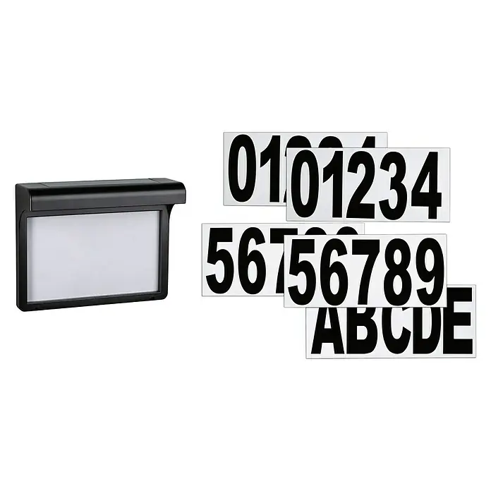 Paulmann Solar-Hausnummer Dayton II - Schwarz, Warmweiß - Das Produkt ist ein personalisierbares LED-Schild für den Außenbereich, komplett mit Zahlen- und Buchstabensätzen zur individuellen Gestaltung.