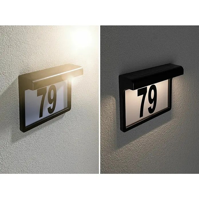 Paulmann Solar-Hausnummer Dayton II - Schwarz, Warmweiß - Hausnummer 79 mit Solarbeleuchtung. Das schwarze, moderne Design sorgt für gute Sichtbarkeit bei Tag und Nacht.