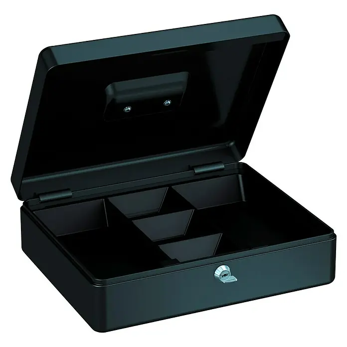 Basi Geldkassette GK10L x B x H: 30 x 24 x 9 cm, Schwarz - Offene, schwarze Geldkassette mit Fächern zur Aufbewahrung von Münzen und Banknoten, ideal für den Einzelhandel oder den persönlichen Gebrauch.