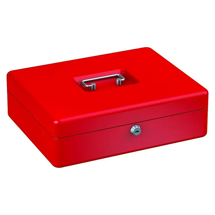 Basi Geldkassette GK10L x B x H: 30 x 24 x 9 cm, Rot - Rote Geldkassette mit silbernem Griff und Schloss, ideal zur sicheren Aufbewahrung von Bargeld und Wertsachen.