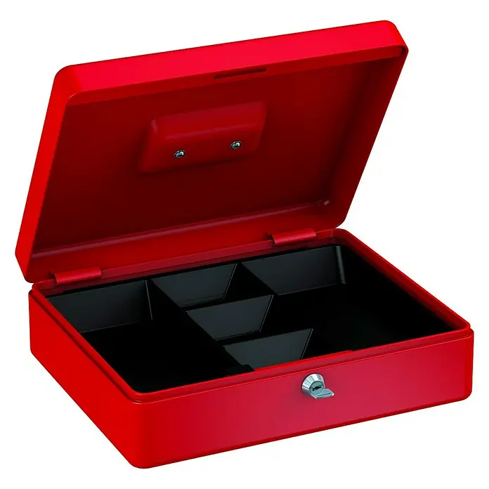 Basi Geldkassette GK10L x B x H: 30 x 24 x 9 cm, Rot - Rote Geldkassette mit schwarzen Fächern zur Aufbewahrung von Münzen und Banknoten, ideal für den täglichen Gebrauch.