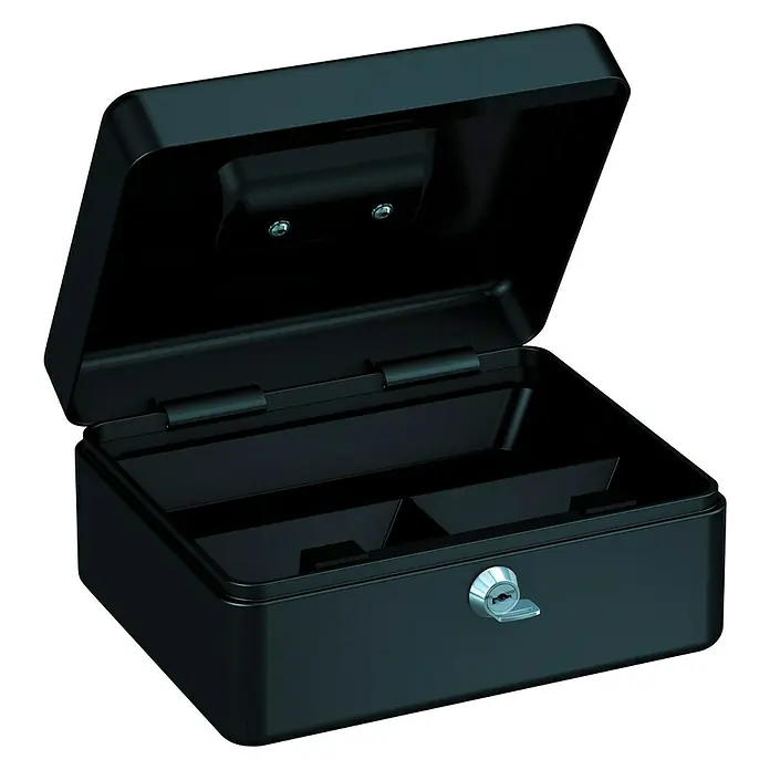 Basi Geldkassette GK10L x B x H: 20 x 16 x 9 cm, Schwarz - Eine geöffnete, schwarze Geldkassette mit Schloss, ideal zur sicheren Aufbewahrung von Bargeld und Wertsachen.