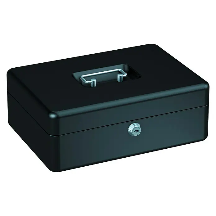 Basi Geldkassette GK10 - L x B x H: 25 x 18 x 9 cm, Schwarz - Ein schwarzer Geldkasten mit einem silbernen Griff und einem Schloss auf der Vorderseite, ideal zur sicheren Aufbewahrung von Bargeld.