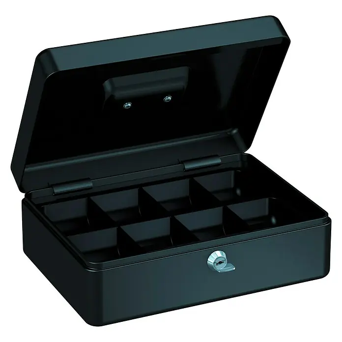 Basi Geldkassette GK10 - L x B x H: 25 x 18 x 9 cm, Schwarz - Geöffnete schwarze Geldkassette mit Fächern zur Aufbewahrung von Bargeld und Wertsachen für den täglichen Gebrauch.