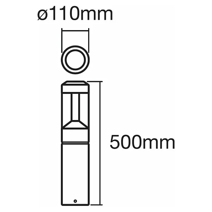 Osram Außenleuchte Lantern - 12 W, Farbe Gehäuse: Dunkelgrau, Warmweiß, Mit Leuchtmittel - Schemazeichnung einer Pollerleuchte mit den Maßen Ø110mm für den Kopf und 500mm für die Höhe.